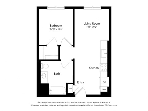 Floor plan for 1 bed, 1 bath, 625 sqft